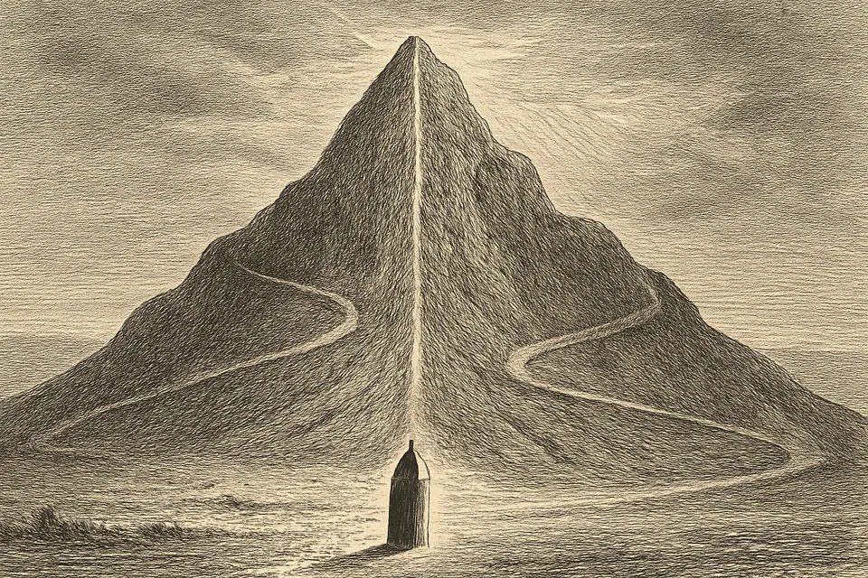 Ilustración en estilo grabado de un monte empinado con una sola senda estrecha y recta que sube hasta la cumbre iluminada, mientras los caminos laterales se pierden