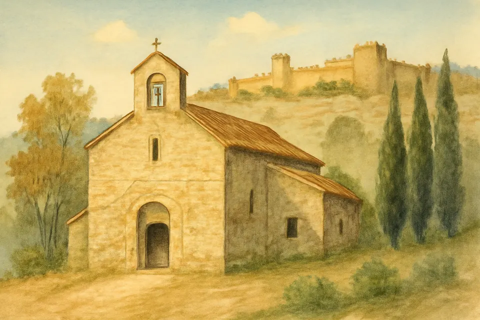 Ilustración en estilo acuarela de la iglesia de un convento carmelita en una ladera arbolada bajo las murallas de Segovia