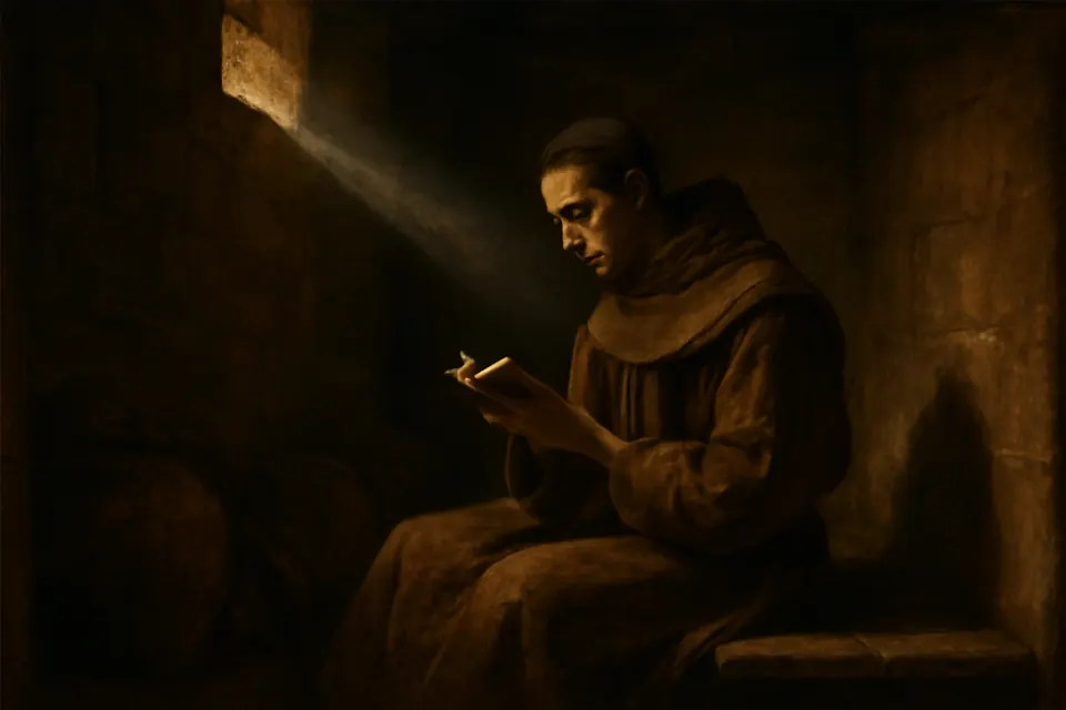 Illustration of John of the Cross in his narrow prison cell in Toledo, composing poems by the light of a small high slit window