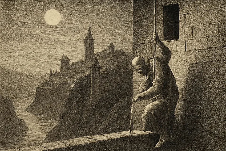 Illustration of John of the Cross escaping from the Toledo friary at night in August 1578, climbing down the wall above the Tagus River