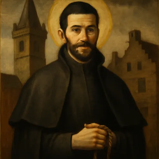 Oil-painting-style portrait of St. John Ogilvie, a young bearded Jesuit priest in a black cassock and cloak, holding a rosary, with an old Scottish town behind him