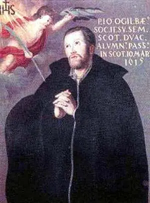 Old painting of a dark-haired, bearded priest in a black cloak with his hands joined in prayer, an angel bringing a palm branch above him, with a Latin inscription and the date 10 March 1615