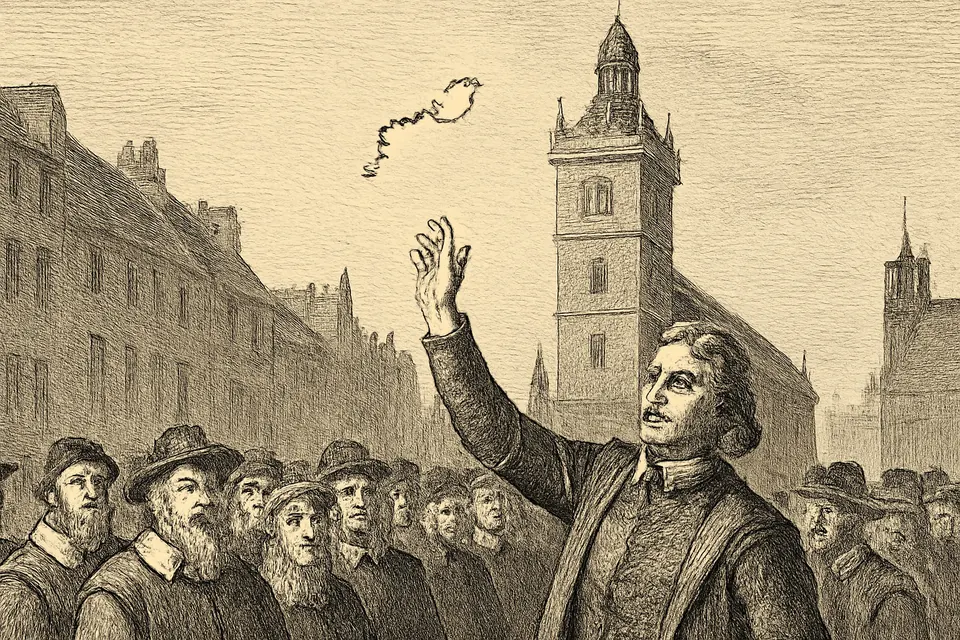 Engraving-style scene of a crowded 17th-century Glasgow street at the market cross, with a man in the crowd catching a rosary thrown from a scaffold