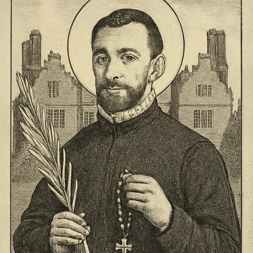Engraving-style portrait of St. John Payne, an Elizabethan priest in a black cassock with a small ruff, holding a martyr's palm and a rosary