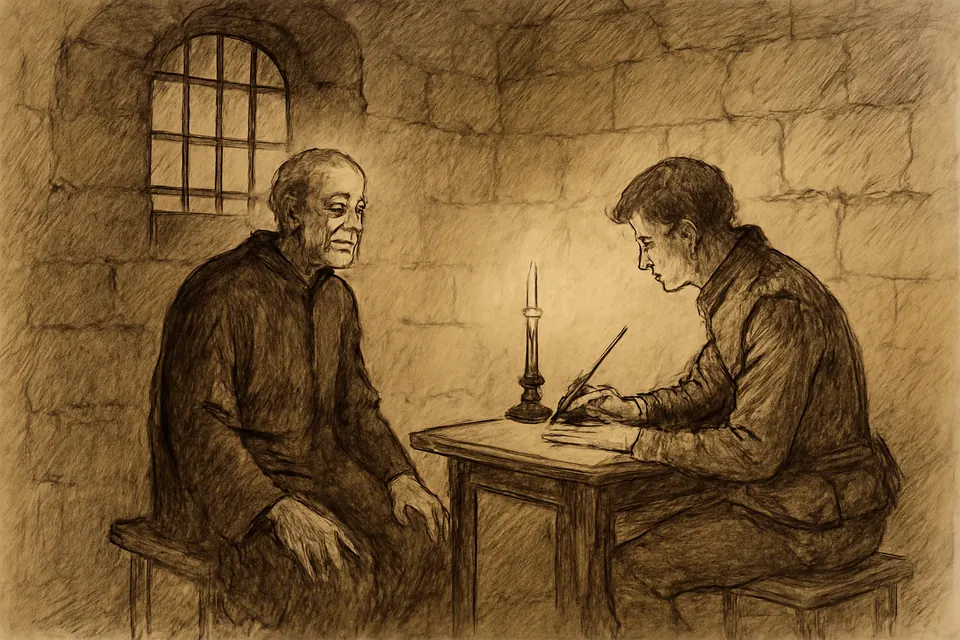 Ink-drawing-style scene of an exhausted priest seated on a stool in a stone prison cell, dictating a letter to a servant who writes at a small table by candlelight