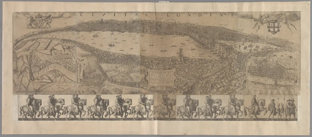 Panoramic engraved view of London in 1600 seen from the south bank of the Thames, with Old London Bridge, church spires and boats on the river