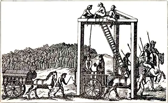 Old woodcut of a tall triangular wooden gallows with a cart beneath it, horsemen with pikes and a crowd looking on