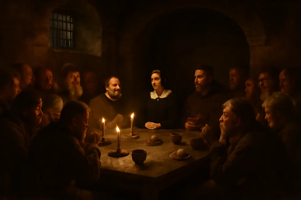Oil-painting-style scene of prisoners at a long candlelit table in a stone prison, a Spanish noblewoman seated between two priests