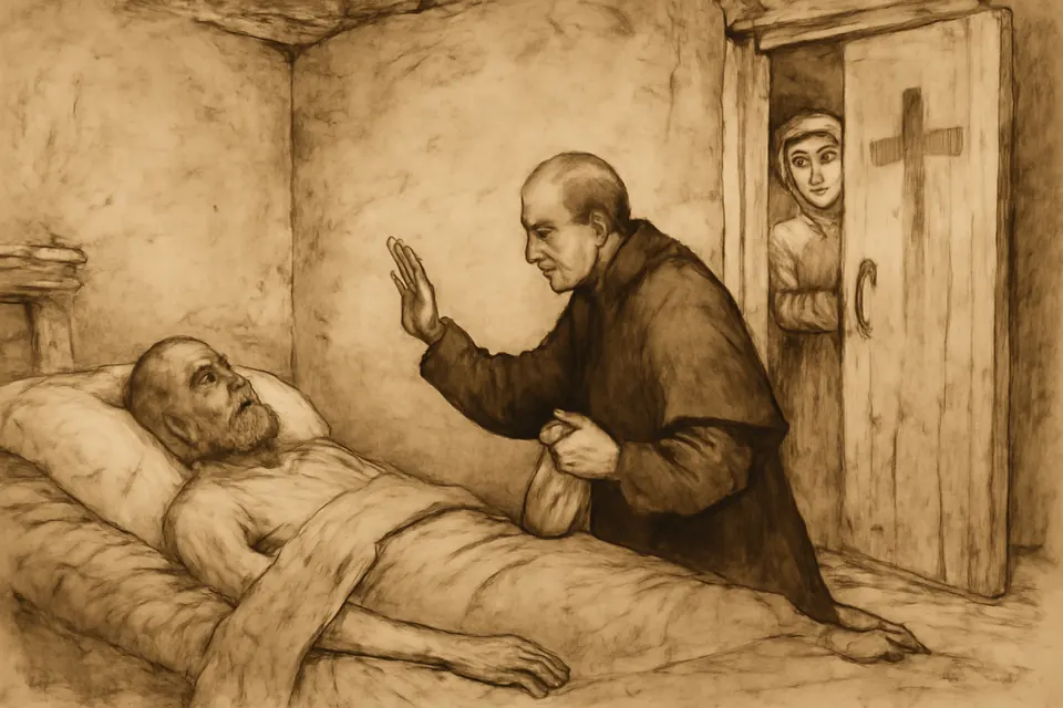 Ink-style scene of a priest in a dark cloak bending over a dying man on a straw bed in a poor seventeenth-century London room, while a frightened woman holds a candle