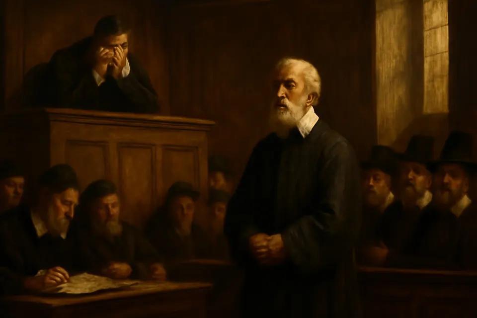 Oil-painting-style scene of an old priest standing calmly in a crowded seventeenth-century courtroom while the judge on the bench wipes tears from his eyes