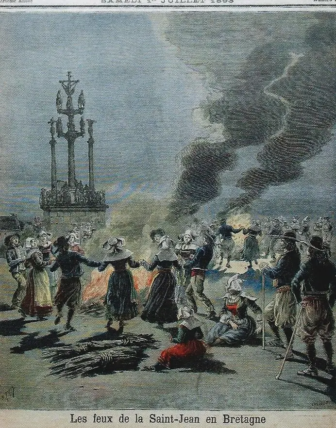 Ilustración de periódico en color de aldeanos bretones con trajes tradicionales bailando en corro alrededor de una hoguera nocturna junto a un alto calvario de piedra