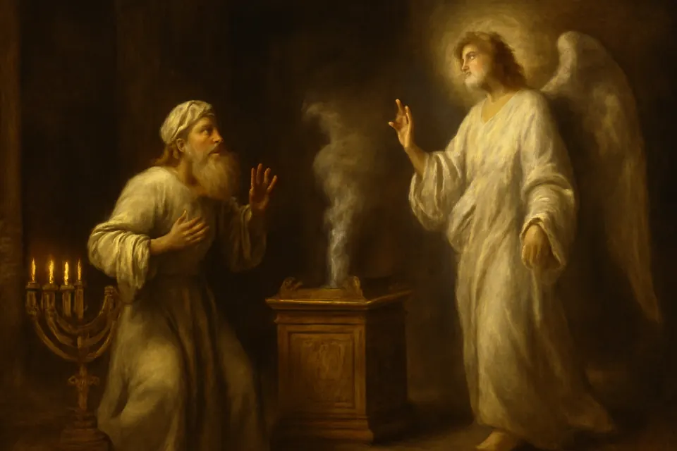 Ilustración en estilo óleo del sacerdote Zacarías sobresaltado ante el ángel que aparece junto al altar del incienso en el Templo