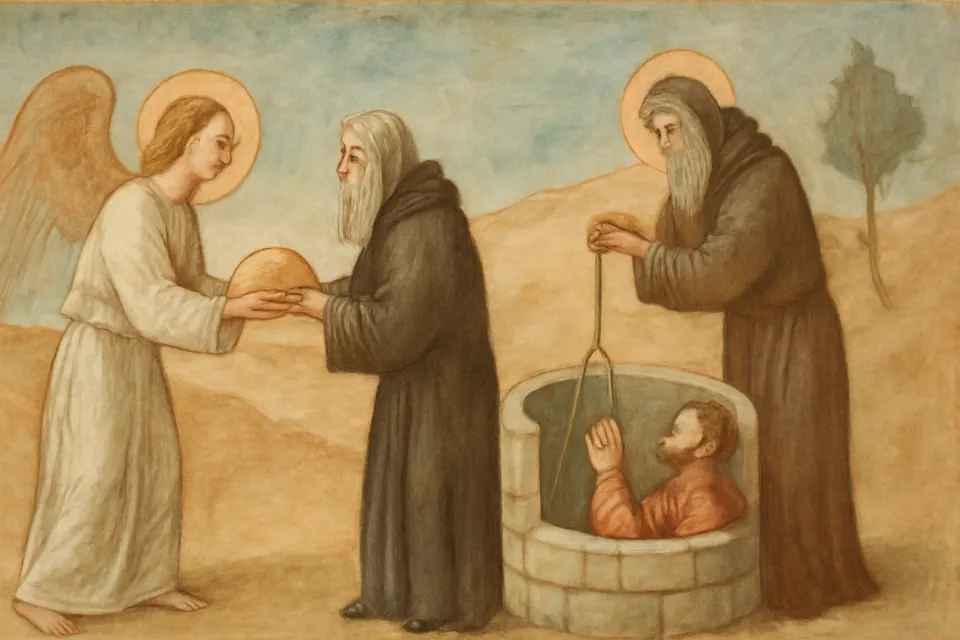 Fresco-style scene of an angel handing a loaf of bread to an old desert monk, who carries it toward a well where a young hermit waits below