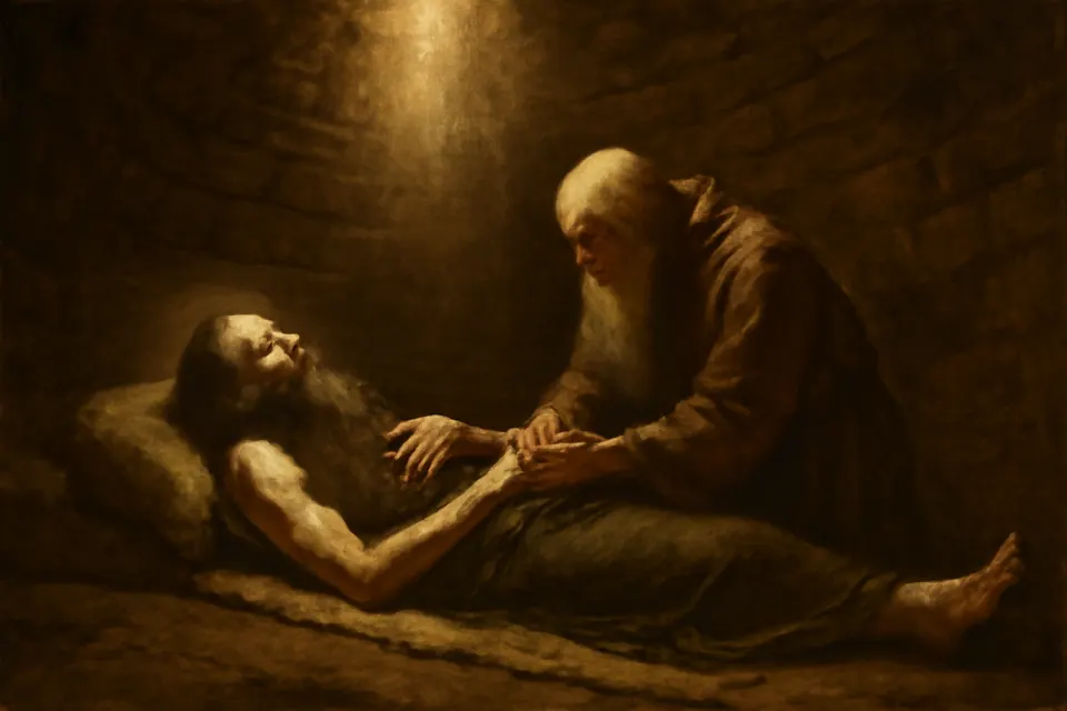 Oil-painting-style scene of an old desert monk kneeling beside a dying hermit at the bottom of a well, lit by a shaft of light from above