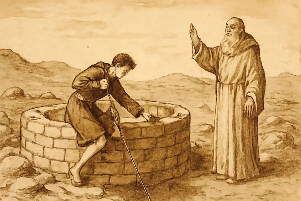 Ink-drawing-style scene of a young monk lowering himself by a rope into an old dry stone well in the desert