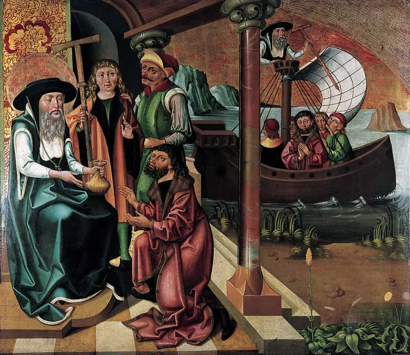 Late Gothic panel of a seated bearded saint in green robes handing a purse to a kneeling merchant, with a ship full of sailors moored behind them