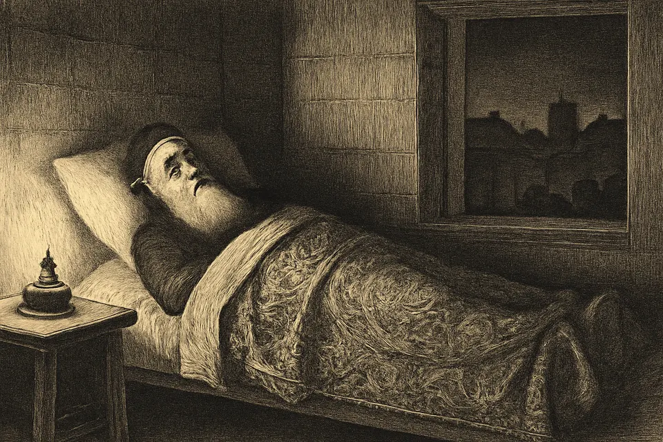 Illustration of the patriarch lying awake at night under a costly embroidered coverlet, troubled by the thought of the poor in the cold