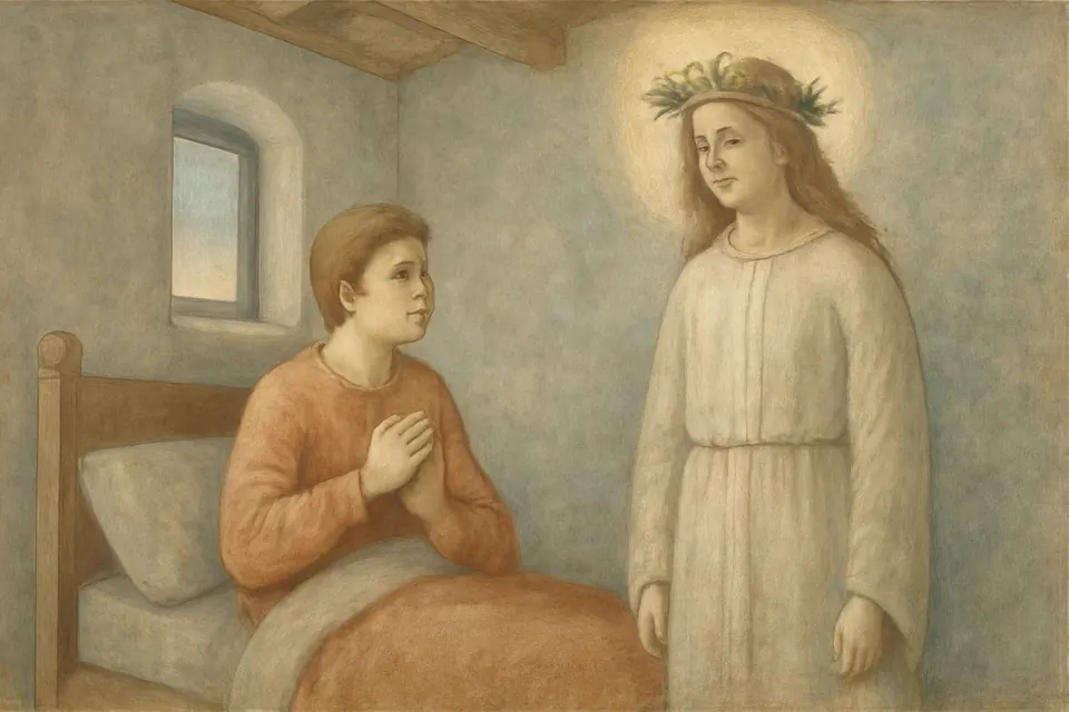 Illustration of the young John in Cyprus waking to see a radiant maiden crowned with olive leaves standing by his bed