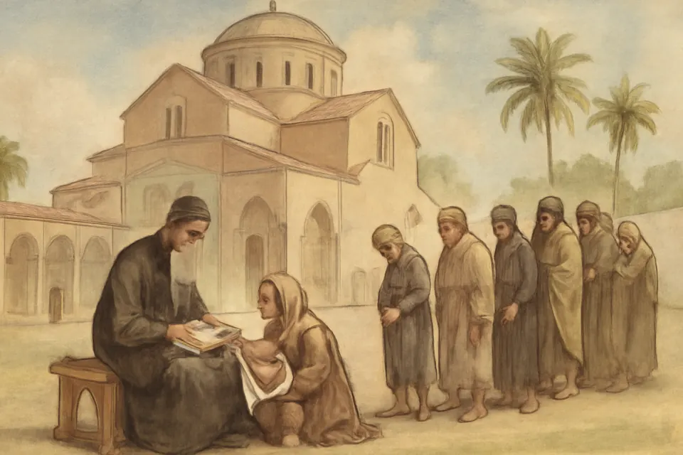 Illustration of the old patriarch sitting on a bench outside a church in Alexandria, listening to poor people bring him their complaints