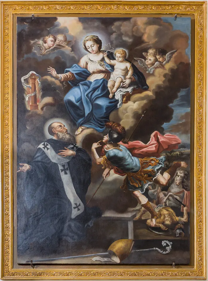 Baroque oil painting of the Virgin and Child in clouds with angels, a monk in a dark habit kneeling below in prayer and a warrior saint fighting at the right