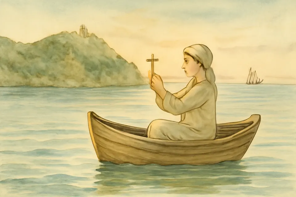Watercolor-style scene of a boy alone in a small boat without oars or sail on a calm sea, holding up a little cross toward a rocky coast