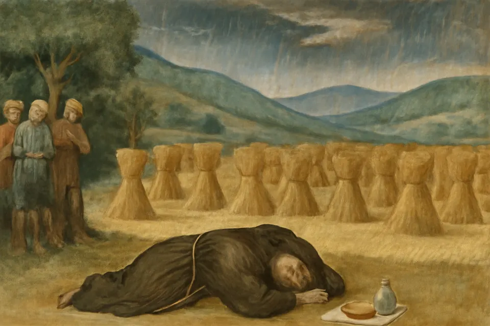 Fresco-style scene of a monk lying face down in prayer at the edge of a wheat field where the grain stands cut and bound in sheaves under a stormy sky