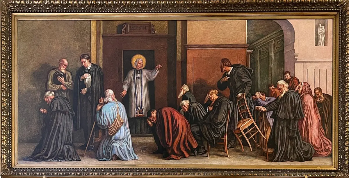 Wide painting of the white-haired Curé of Ars in a surplice standing at the door of his confessional, surrounded by kneeling and waiting penitents, priests and pilgrims