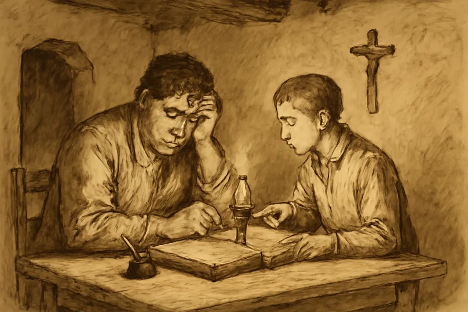 Illustration of the young John Vianney struggling over a Latin grammar at a farmhouse table by candlelight, helped by a younger fellow student
