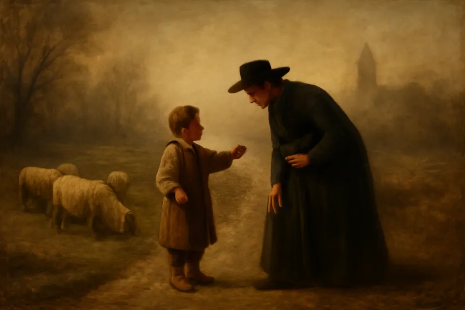 Illustration of the new priest John Vianney asking a young shepherd boy the way to Ars on a foggy February day in 1818