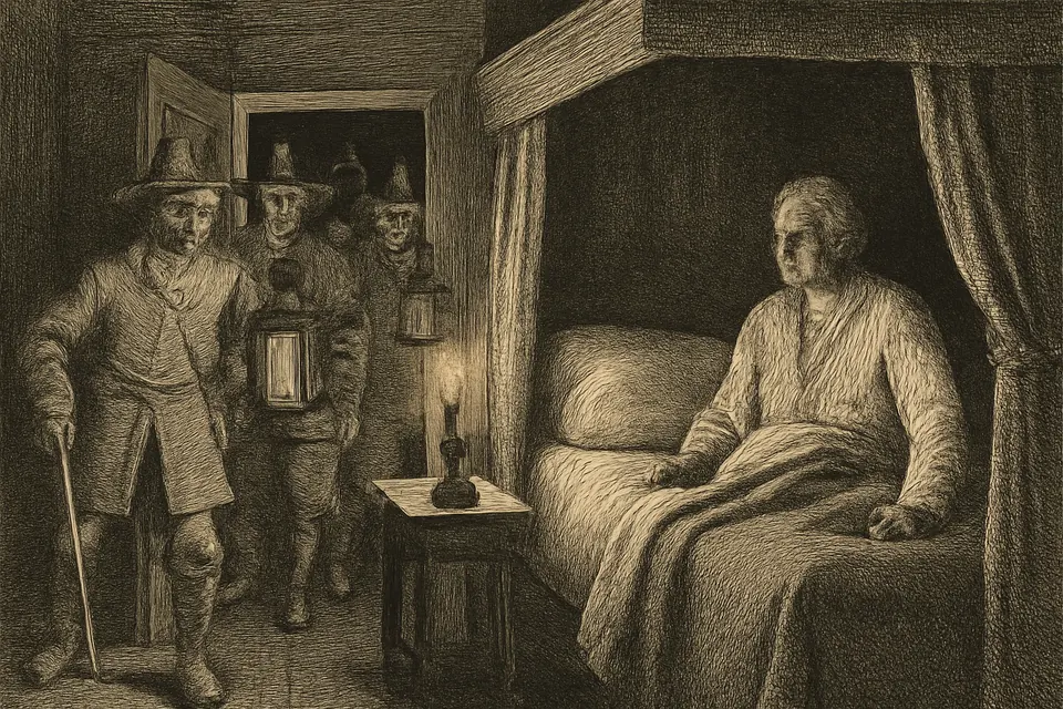 Engraving-style scene of sheriff's men with lanterns bursting into a bedroom at night and finding a startled priest sitting up in bed