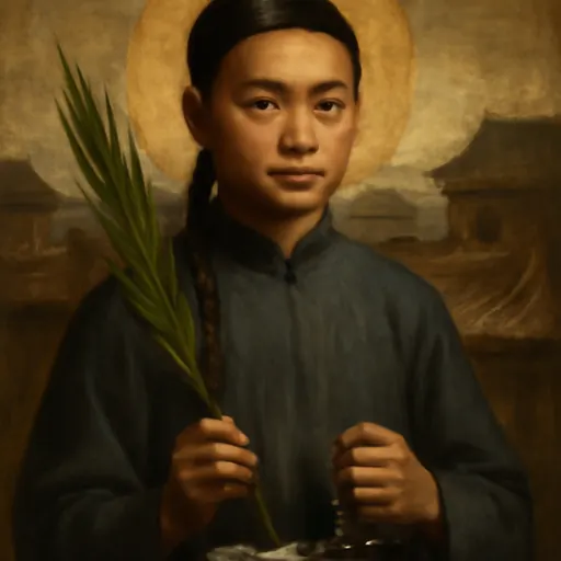 Oil-painting-style portrait of St. John Wang Rui as a fifteen-year-old Chinese seminarian in a long dark gown, holding a martyr's palm and a rosary