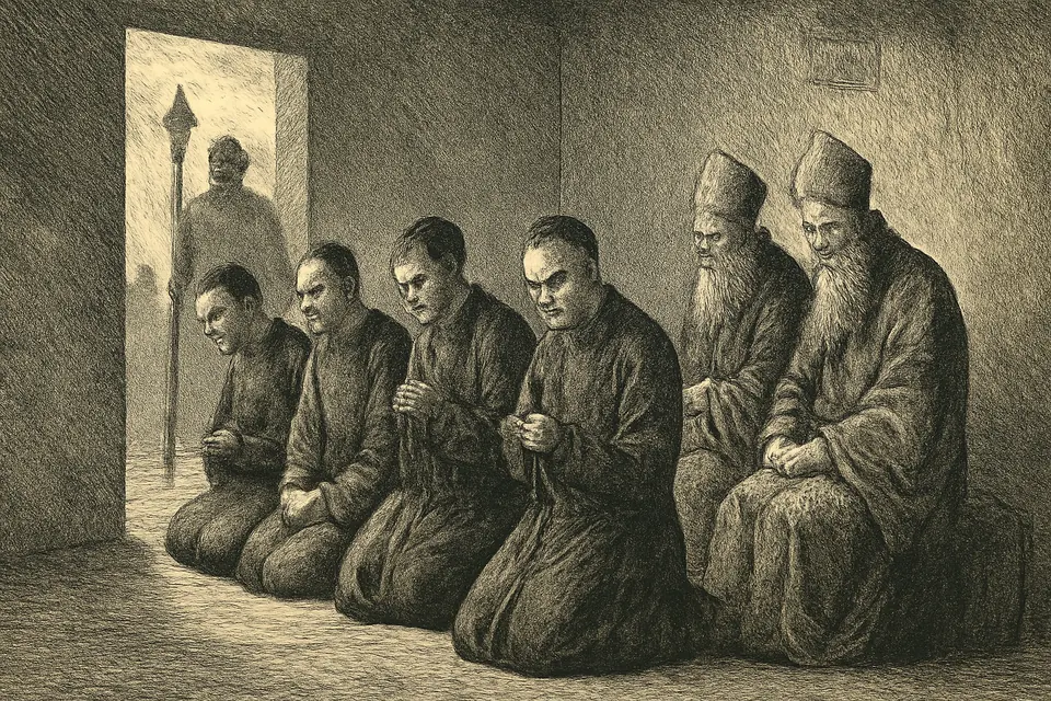 Engraving-style scene of young Chinese seminarians kneeling in prayer with two old bearded bishops in a bare guarded room before dawn