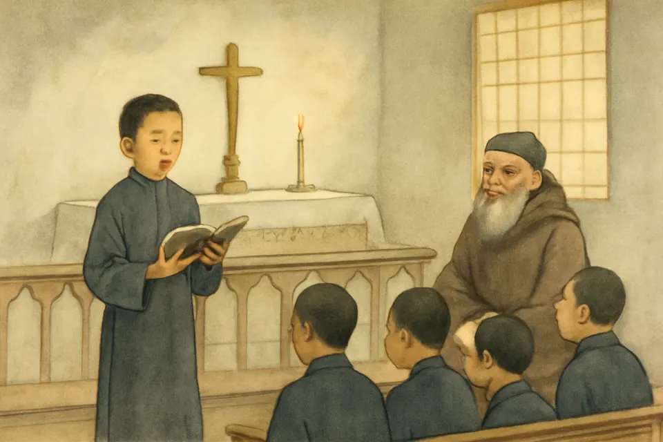 Watercolor-style scene of a young Chinese seminarian singing from a hymn book in a simple mission chapel while older students and a bearded Franciscan bishop listen