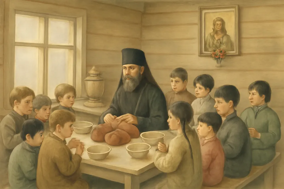 Watercolor-style scene of a young bearded Orthodox bishop in a black robe sitting at a long table and sharing bread with a group of poor children in a plain orphanage room