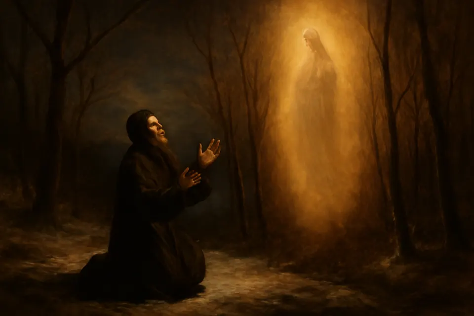 Oil-painting-style scene of a monk kneeling at night on a wooded hillside above a river as a column of golden light appears among the trees