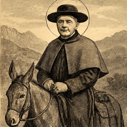 Oil-painting-style portrait of St. José Gabriel Brochero as a stocky Argentine country priest in a wide-brimmed hat and poncho, seated on a mule in the hills