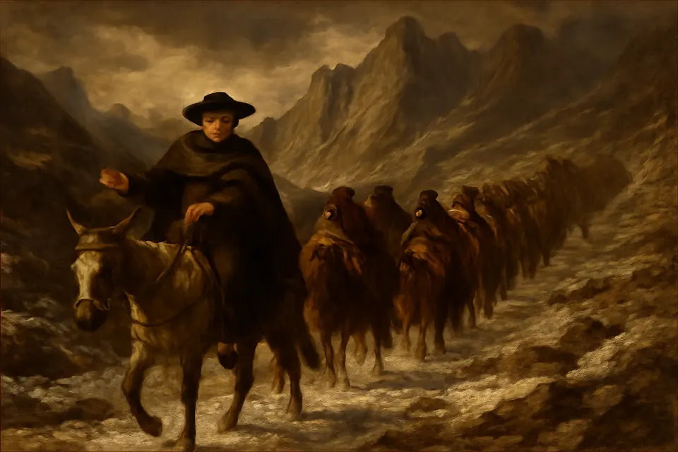 Oil-painting-style scene of a long caravan of men and women on mules and horses crossing snowy mountain passes behind a priest in a poncho