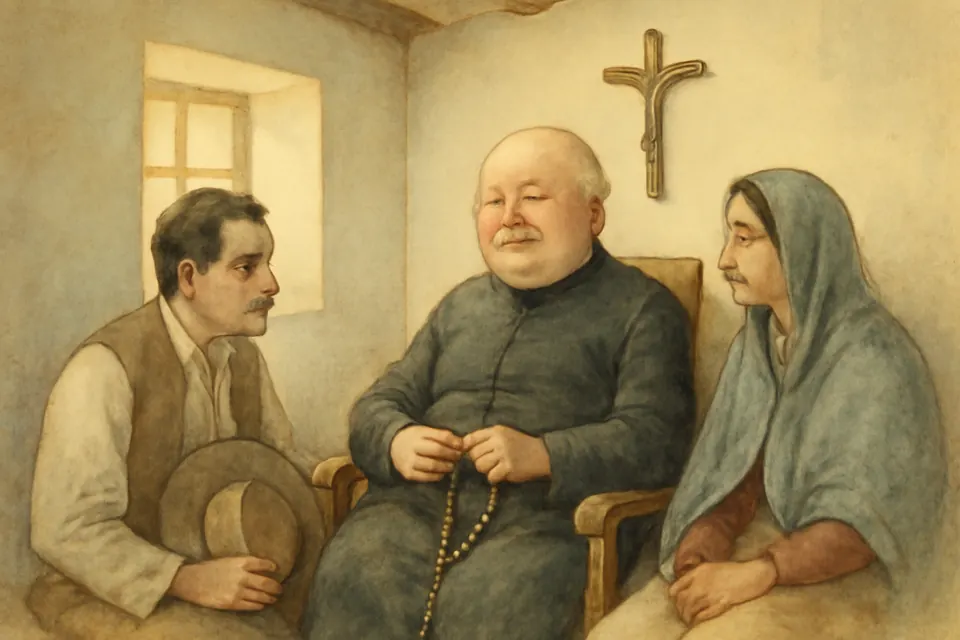 Watercolor-style scene of an old blind priest seated in a simple room with his hands on a rosary while a few country people visit him
