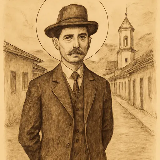 Ink-drawing-style portrait of St. José Gregorio Hernández as a mustached Venezuelan doctor in a dark suit and fedora, hands clasped behind his back on a Caracas street