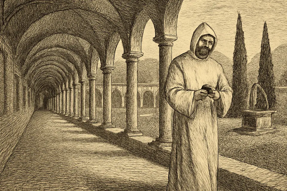 Engraving-style illustration of a novice in the white Carthusian habit praying alone in the cloister of an Italian charterhouse