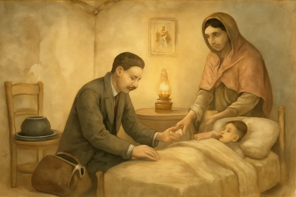 Watercolor illustration of a doctor in a dark suit kneeling beside a sick child's bed in a poor adobe home and pressing coins into the mother's hand