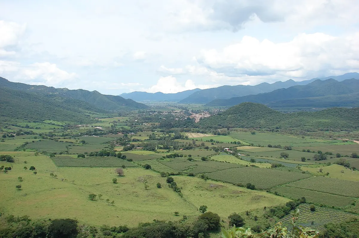 A broad green valley of fields and trees surrounded by wooded mountains under white clouds