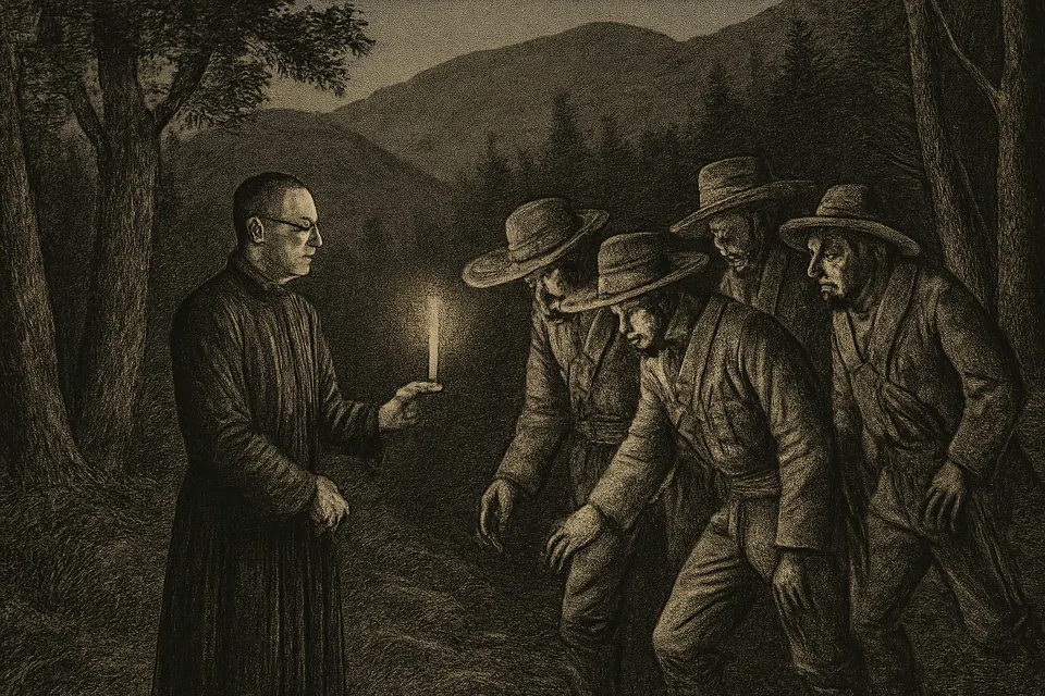 Engraving-style scene of a priest at night on a mountain path holding out a small lit candle to soldiers stumbling in the dark