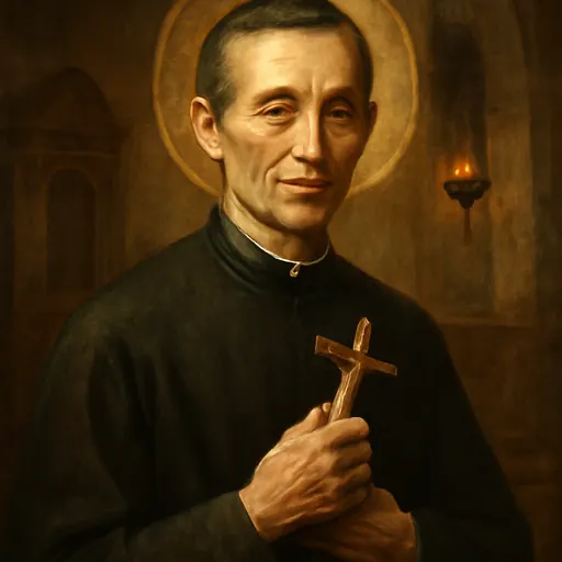 Oil-painting-style portrait of St. José María Rubio as a thin, gentle Spanish Jesuit in a black cassock, holding a small crucifix