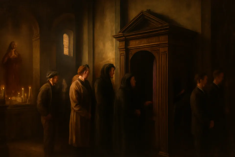 Oil-painting-style scene of a long line of men and women of every class waiting at dawn beside a wooden confessional in a Madrid church