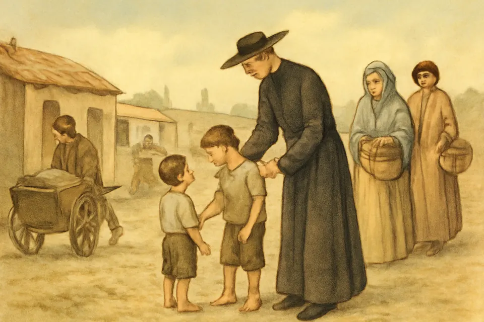 Watercolor-style scene of a slender priest in a black cassock and hat walking among shacks on the edge of Madrid, greeting children and a ragpicker with a cart
