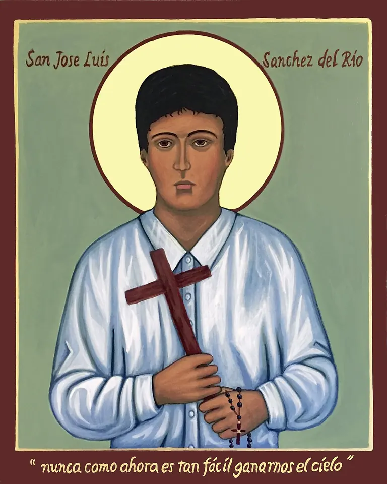 Modern icon of a boy in a white shirt with a gold halo, holding a red wooden cross and a rosary, with a Spanish inscription below about winning heaven