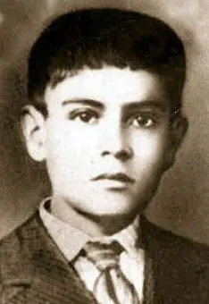 Old sepia photograph of a dark-haired boy of about twelve or thirteen in a jacket, white shirt and loose tie, looking straight at the camera