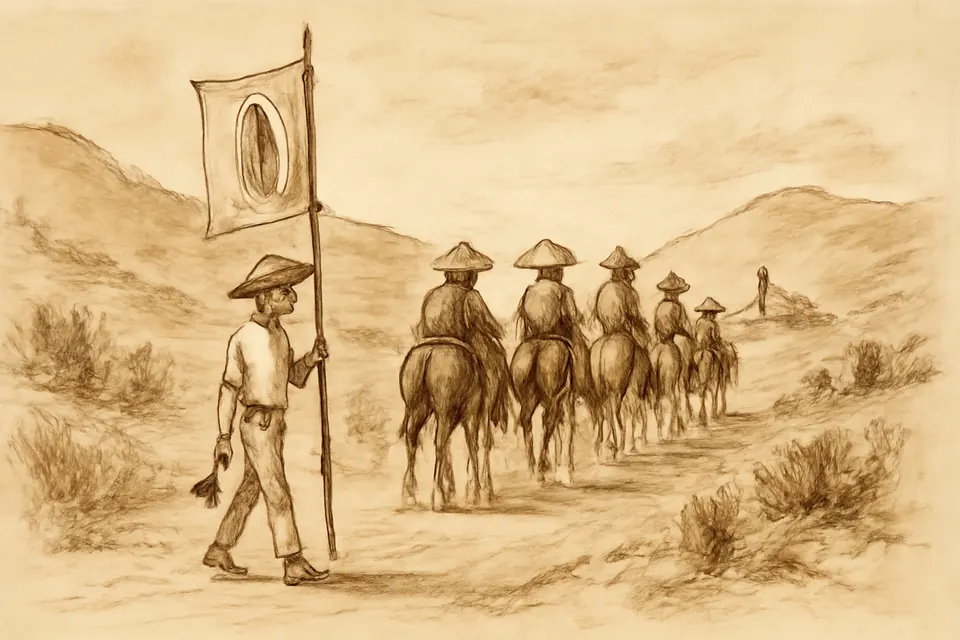 Ink drawing of a young boy carrying a flag with an image of Our Lady of Guadalupe beside mounted men in wide hats in the Mexican hills