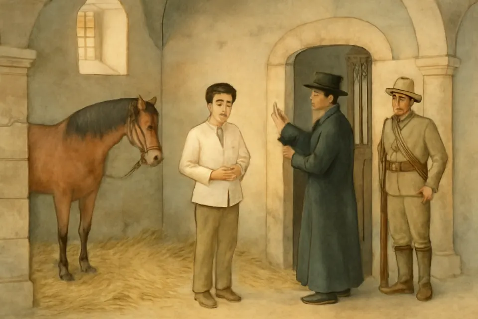 Watercolor illustration of a boy in a makeshift church jail shaking his head as a messenger at the door relays an offer of ransom